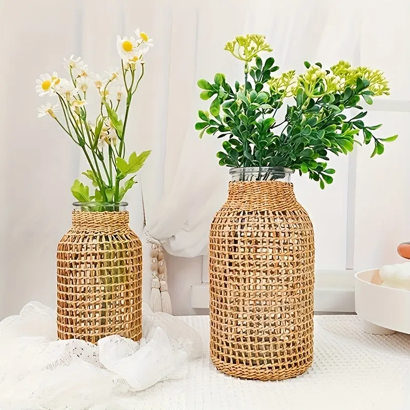 PABHAN 2 large and small sizes) rustic-style hand-woven transparent glass flower vase, vintage home decoration vase, suitable for holiday gifts, home table decoration, flower arrangement and hydroponic plants, can also be used as decoration for rural