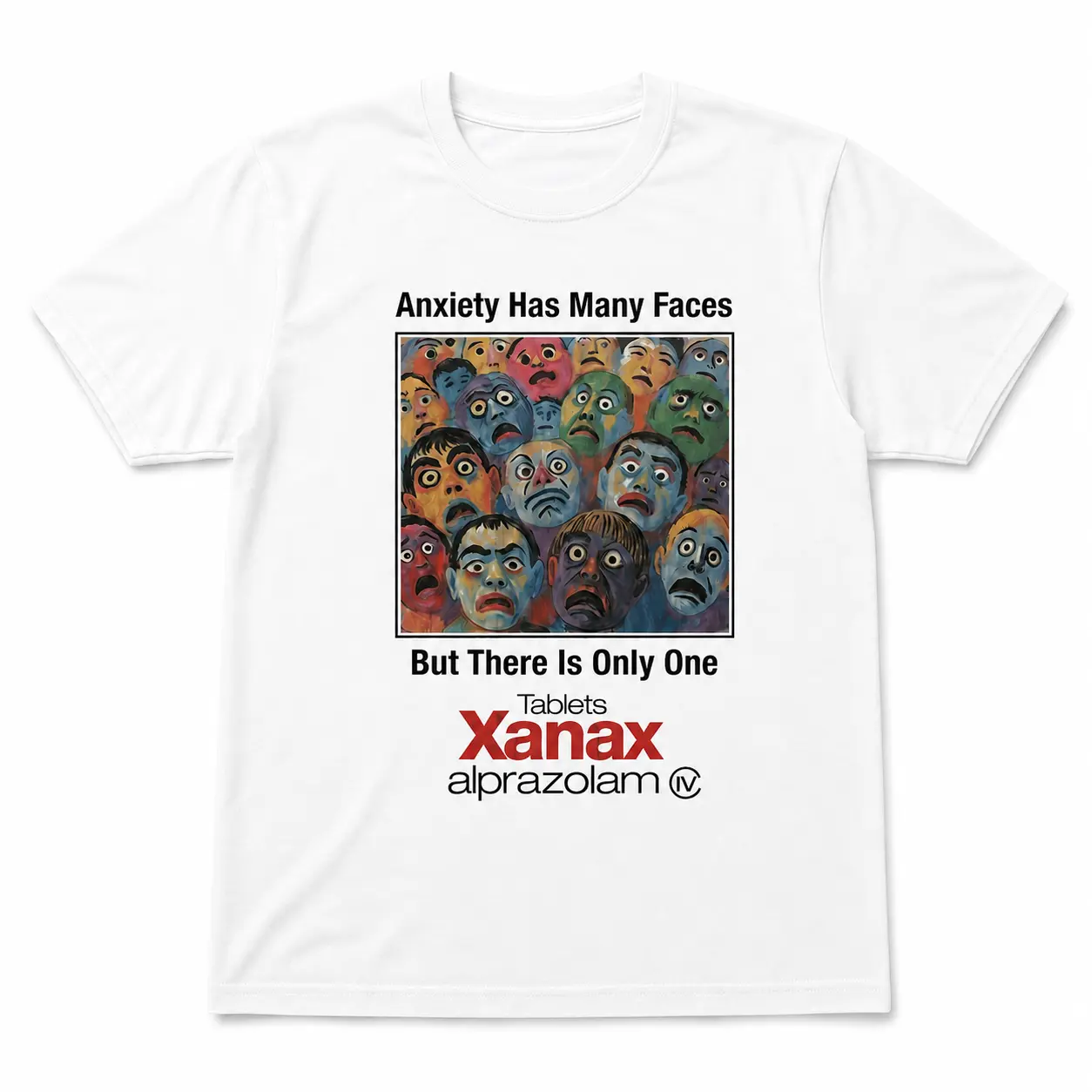 Xanax Anxiety Has Many Faces Graphic Tee, Alprazolam Retro Medical Ad Pharma Meme T Shirt for Men Women