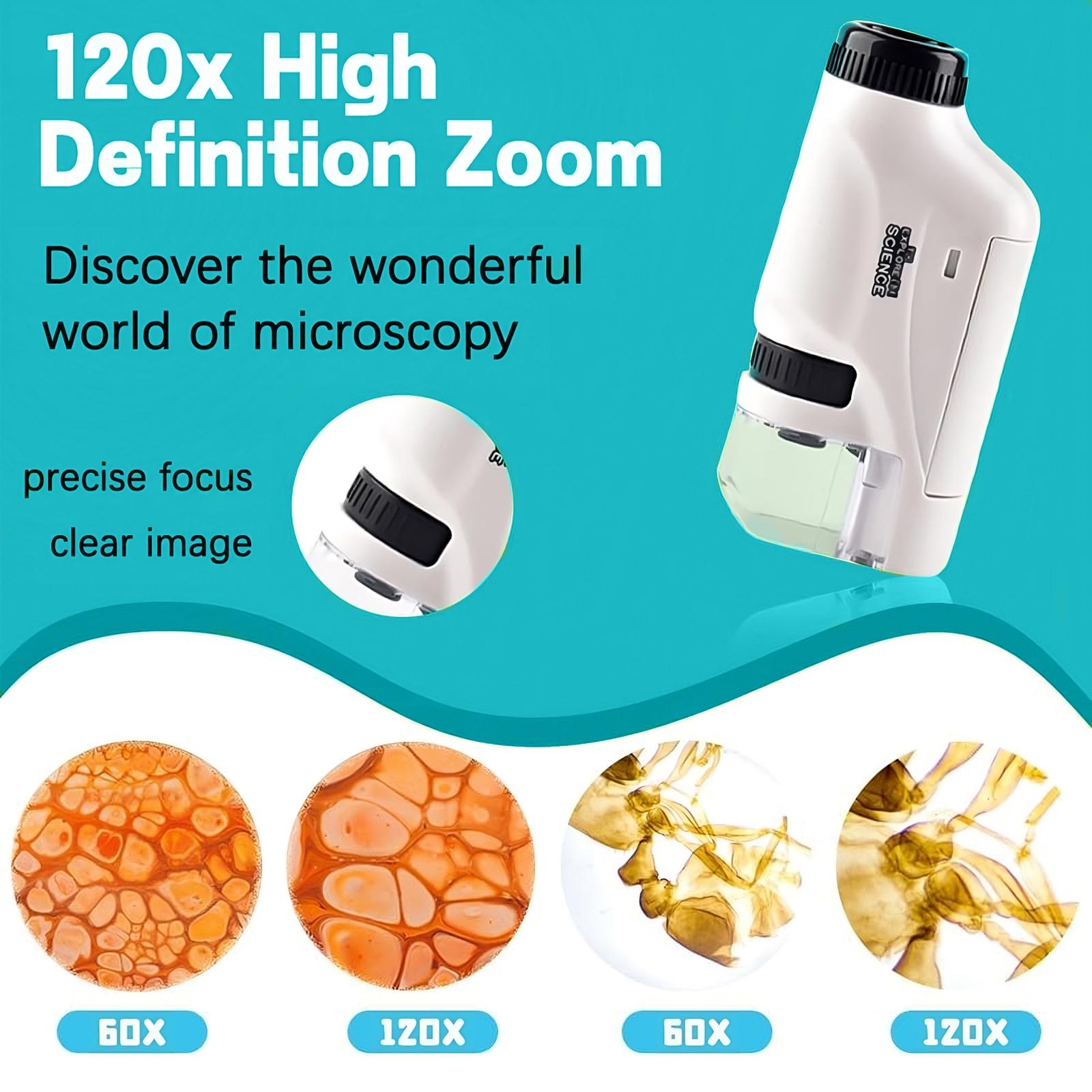 Portable Kids Pocket Microscope, 120X High Magnification with LED Light. STEM Science Lab Toy Set for Students. Perfect Gift for Christmas, Halloween, Thanksgiving & Birthdays. Explore Nature Tool for Children.