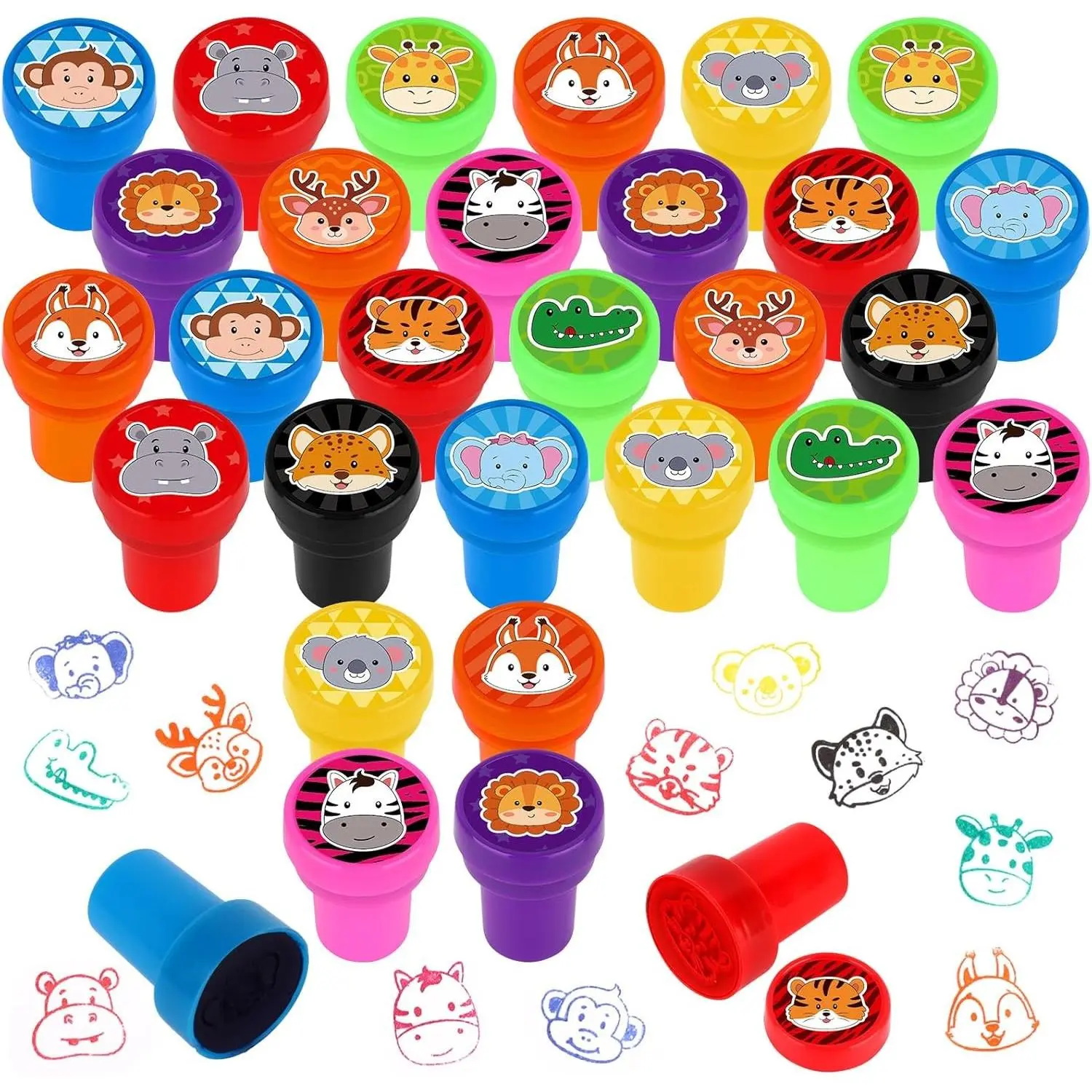 24 Pieces Safari Animal Print Stamp, Mini Colorful Self Inking Jungle Animal Stamps Party Favors Assorted Stamp Set for Classroom Party Educational Learning Activities Supplies