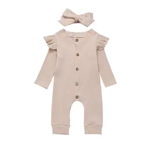 Newborn Baby Girl Boy Long Sleeve Ruffled Jumpsuit Romper Bodysuit Knitted Ribbed Button Jumpsuit Headband Outfits