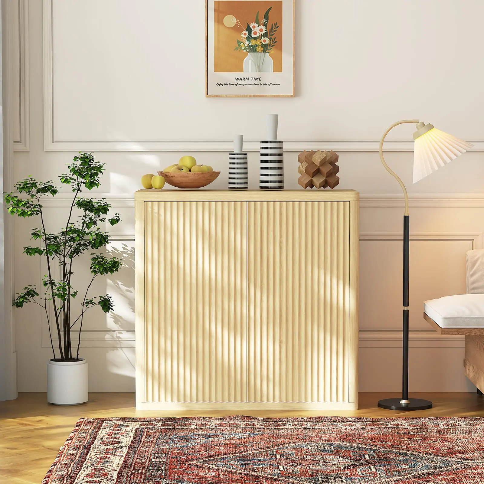Garvee 34.6'' Buffet Cabinet, 3-Tier Sideboard Cabinet with Double Fluted Doors and Adjustable Shelves, Modern Coffee Bar Table for Kitchen, Dining Room, Living Room, Corridor- Natural