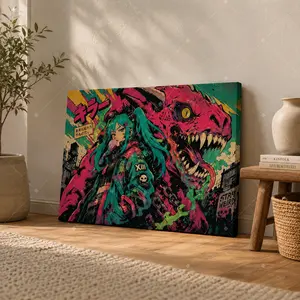 Cyberpunk Anime Girl and Monster Canvas Wall Art, Neon Street Art Poster for Living Room Bedroom Gaming Room Studio Decor, Available as Unframed Canvas Poster or Framed Canvas Wrap