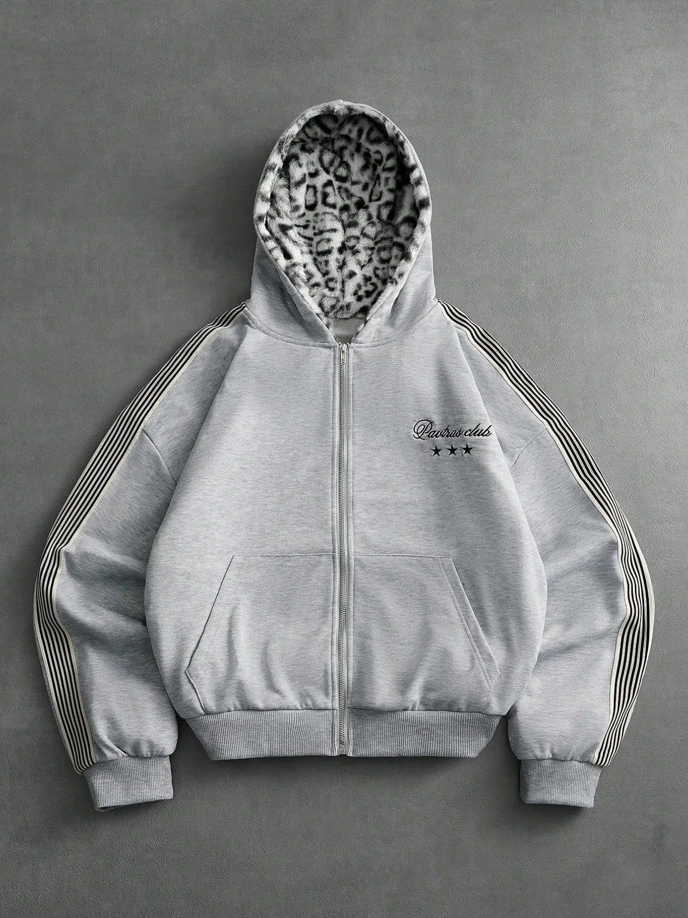 Men's Streetwear Casual Print Hoodie, Vintage Style Knit Open Front Sweatshirt, Plush Leopard Print, Luxury Brand Logo, Fashionable Gift