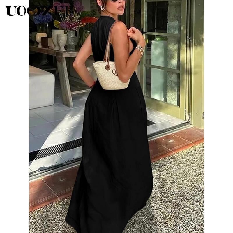 UOOZEE Women's Summer Casual Elegant A-line Loose Pleated Pockets Zipper Round Neck Long Minimalist Dress. Smaller Bust Fit One Size Up Recommended for C - Cup Above & smaller bust can order a normal size. Multiple colors, Sleeveless Womenswear Check