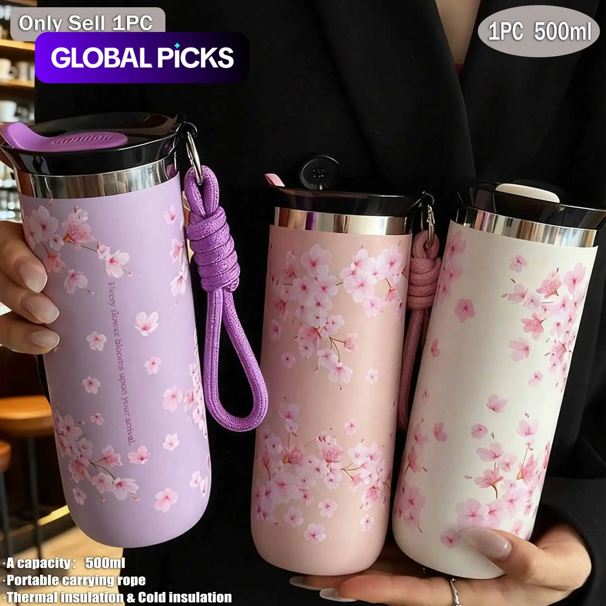 500ml Cherry Blossom Pattern Stainless Steel Insulated Coffee Cup, Portable Travel Thermal Mug, Tea Cup & Water Bottle for Office, Home and Car #GLOBAL PICKS