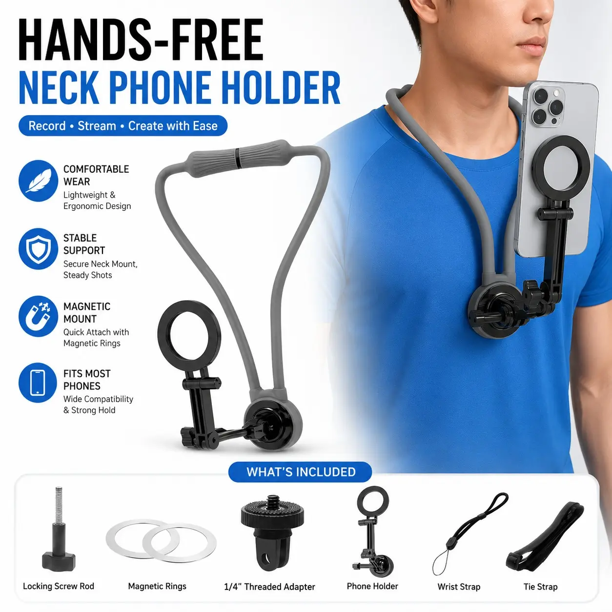 New High-Quality Multi-Scene Neck Strap Phone Stand, Hands-Free Portable Holder, First-Person Magnetic Phone Mount, Influencer Live Streaming Stand