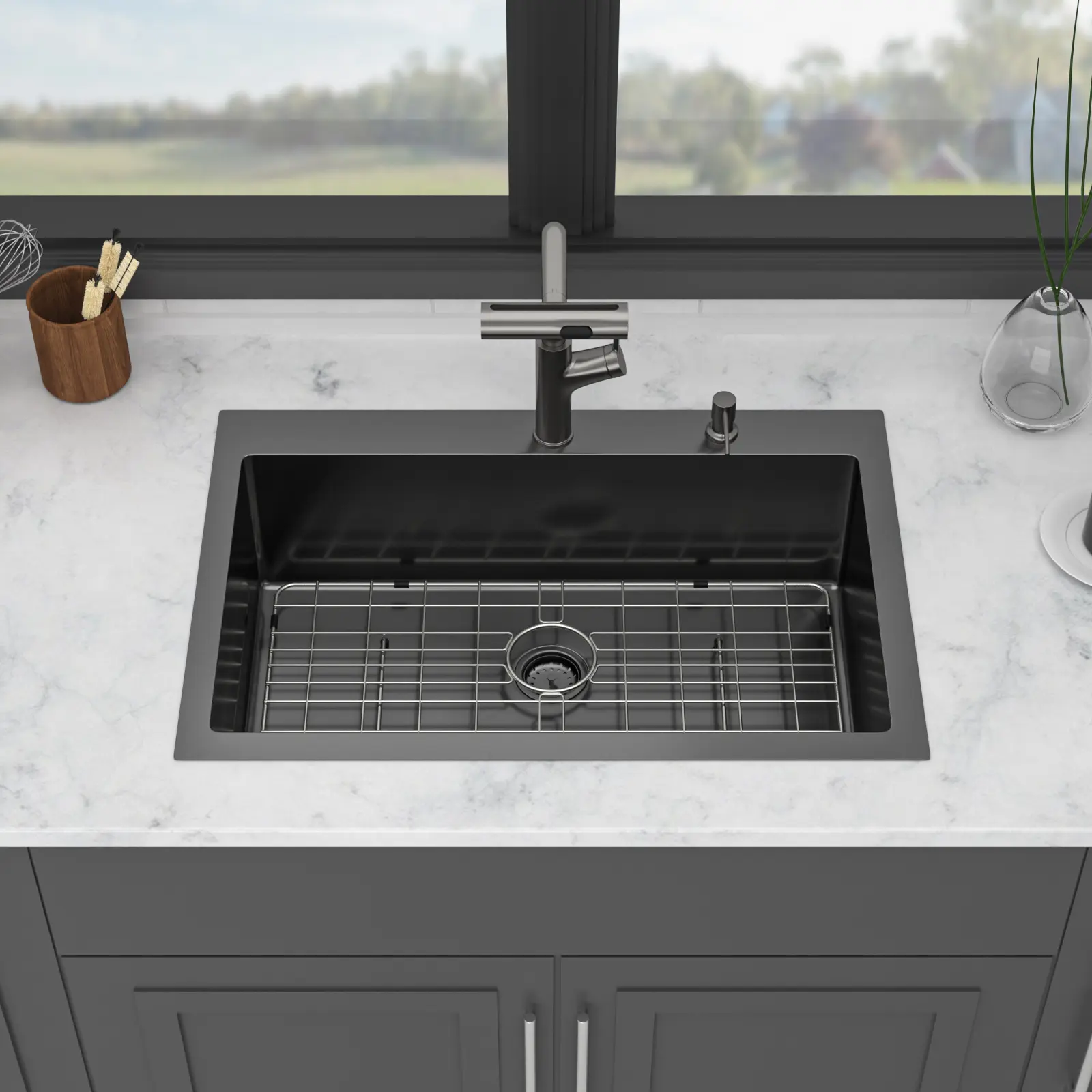 ARCH 30 Inch Gunmetal Black Drop-in Stainless Steel Kitchen Sink Set - 16 Gauge Single Bowl Topmount Basin (30x22x10"), Pull-out Faucet, Soap Dispenser, for Indoor Use Kitchen, Laundry Room