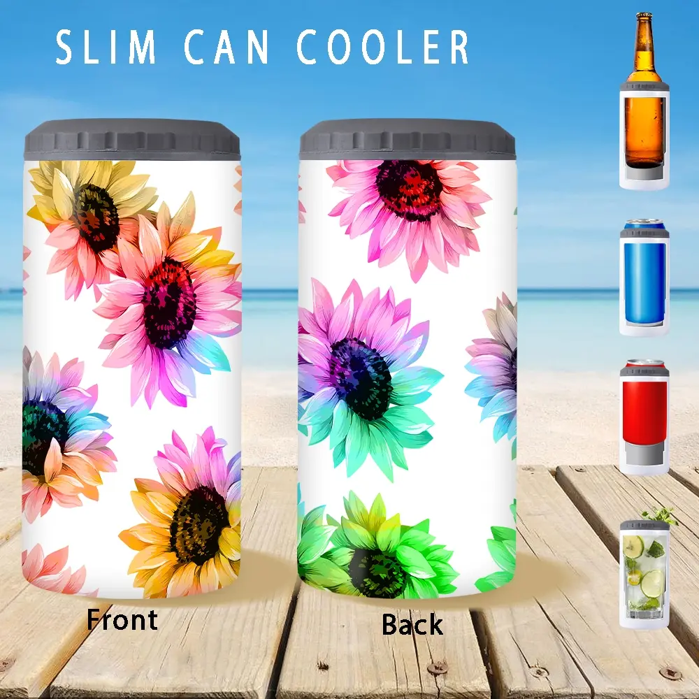 1pc/12oz/350ml,Slim Can Cooler,Insulators,Doucle-Walled Stainless Steel Insulated Slim Cans,2-in-1 Insulated Can Cooler Cup,Colorful Sunflower Pattern, Suitable For Celebrating Birthdays And Anniversaries,Christmas Gifts,holiday party supplies