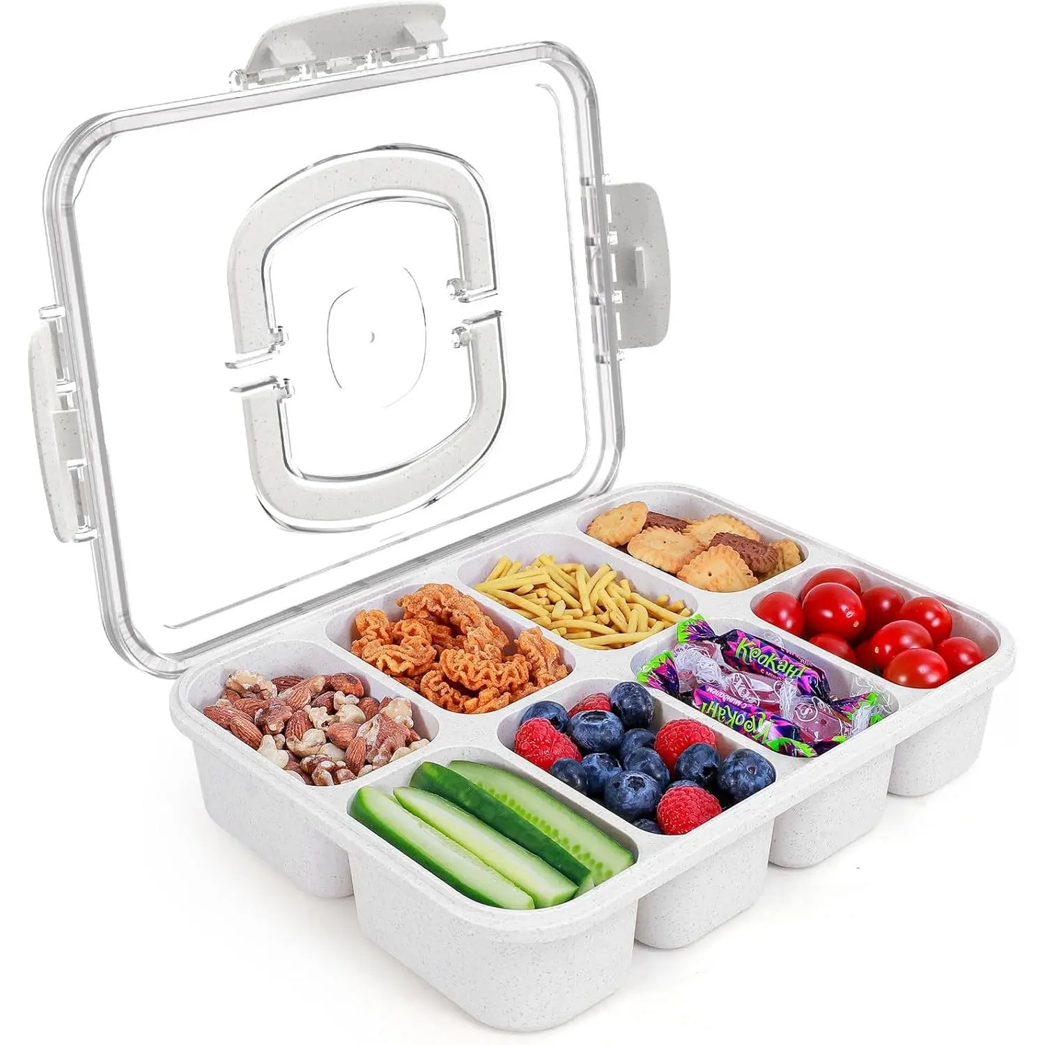 Large 8-Compartment Divided Serving Tray with Lid and Handle, Portable Snack Tray for Travel Party Beach Picnic, Dishwasher Safe, BPA-Free, Wheat Straw