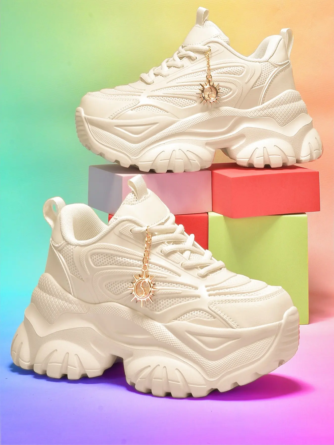 Women's Eva Platform Sneakers with 7cm Height Increase Casual Old-School Dad Shoes Wide Fit Four Seasons Outdoor, Removable Gold Sunflower Pendant, Comfortable and Stylish