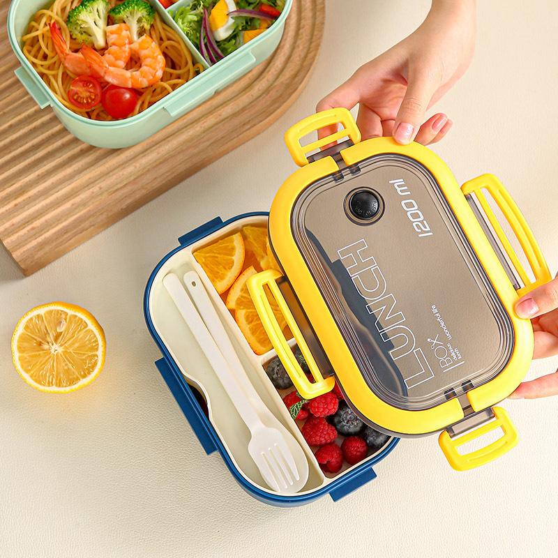 Double Layer Lunch Box with Compartments, Microwave Safe Reusable Plastic Food Container Set, Durable & Dishwasher Friendly, Ideal for School Work Use