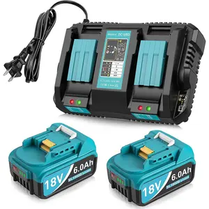 2-Pack 6.0Ah 18V Batteries for Makita with 2-Port Charger, 6 Protection Modes, DC18RC Compatibility, Displays Remaining Runtime