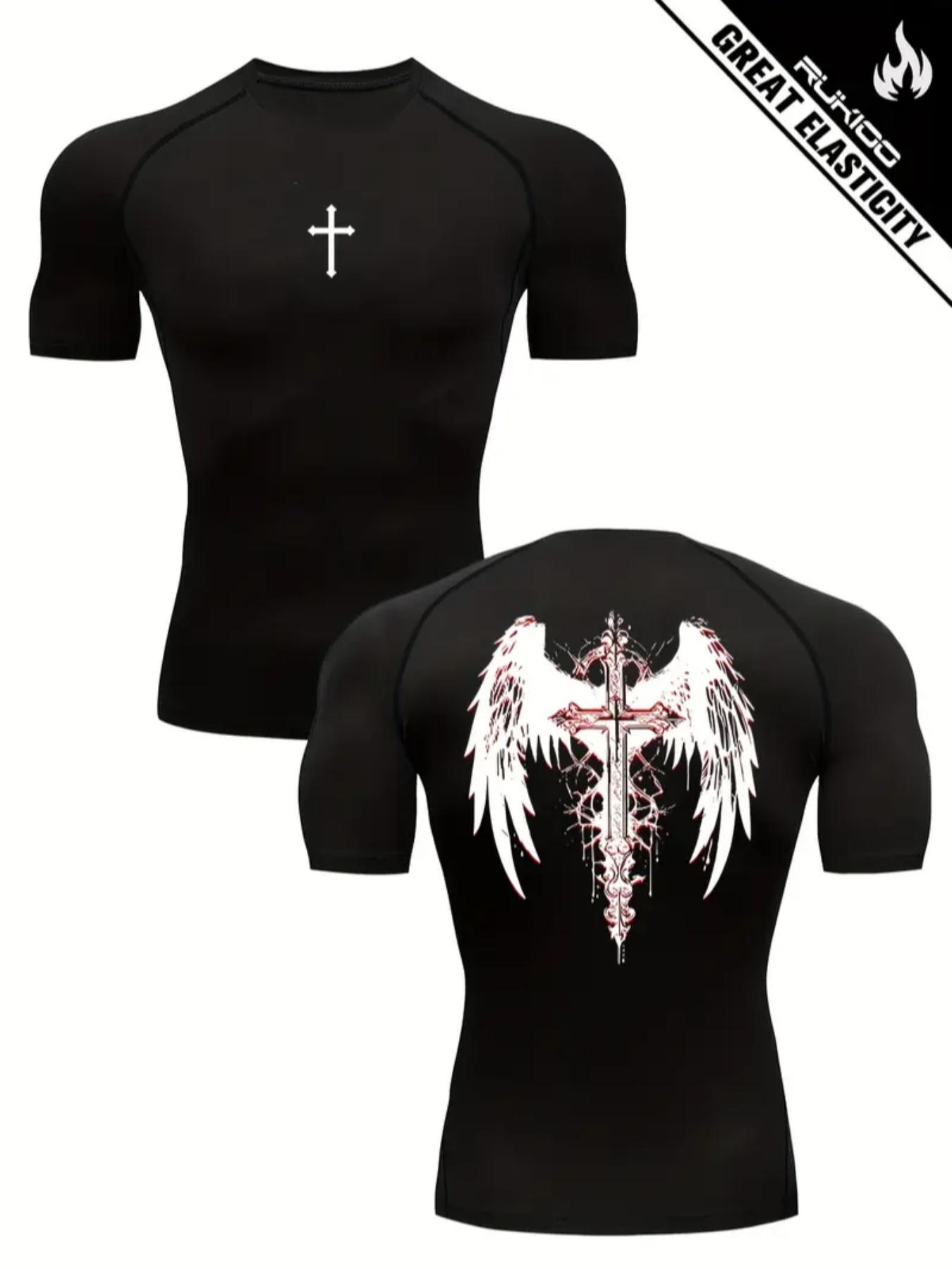 1pc Men's Compression Workout Shirt – Cross & Wings Print, Athletic Style Activewear, High Performance Activewear, Gym Outfit, Slim Fit, Breathable & Stretchy Top for Gym & Training