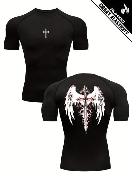 1pc Men's Compression Workout Shirt – Cross & Wings Print, Slim Fit, Breathable & Stretchy Top for Gym & Training, Gym Workout Tee