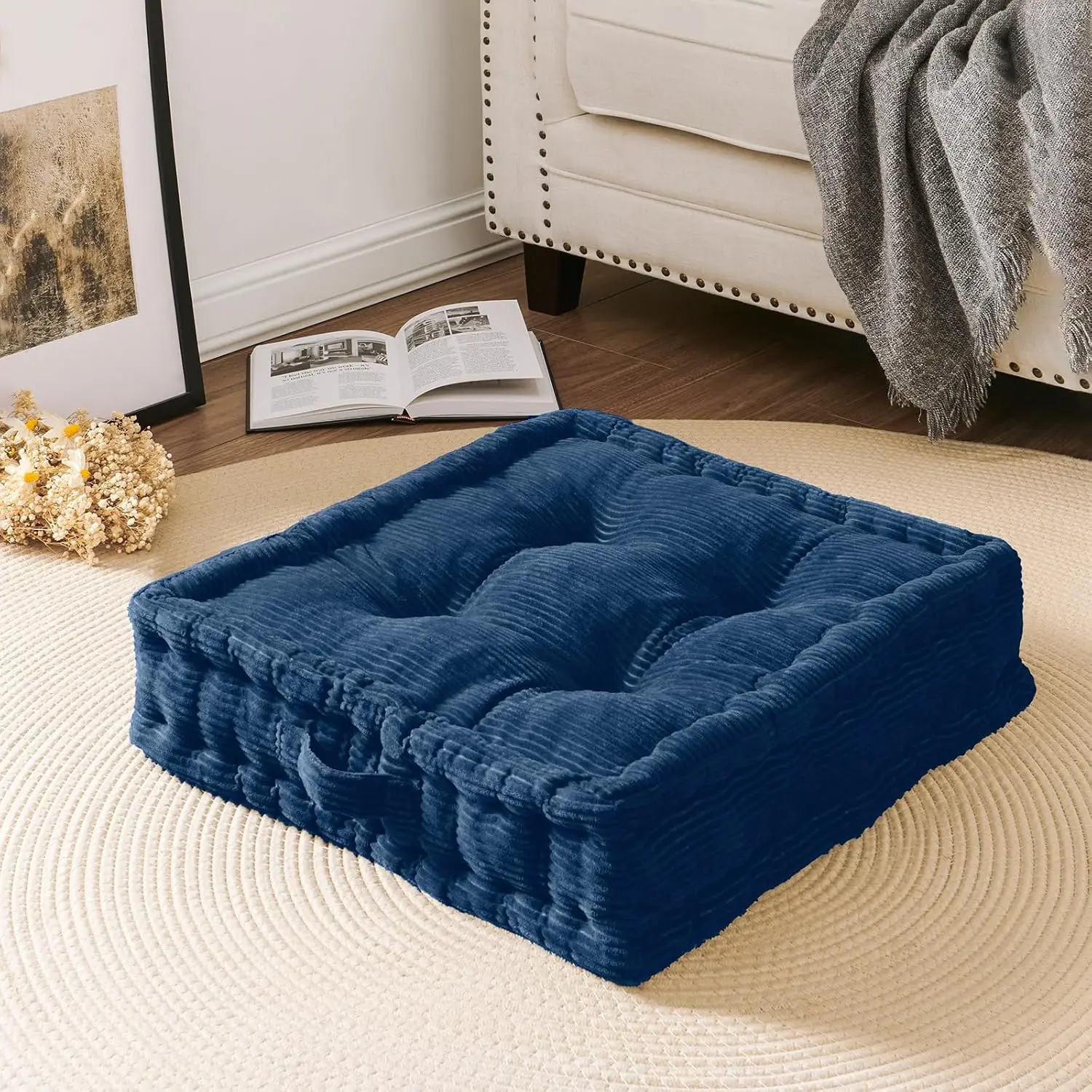 Square Floor Pillows for Adults  - Meditation Floor Pillow Seating Cushion - Tufted Floor Cushion with Shredded  &  Cover, 1 Pack, 20x20 Inch, Dark Blue