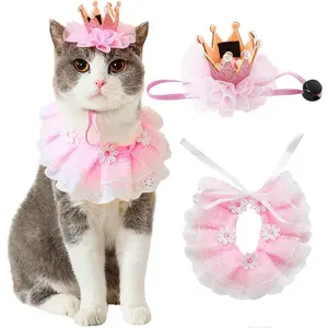 Cat Princess Costumes Cat Crown Hat & Lace Bandana Scarf Set, Puppy Party Hat for Small Dogs & Cats