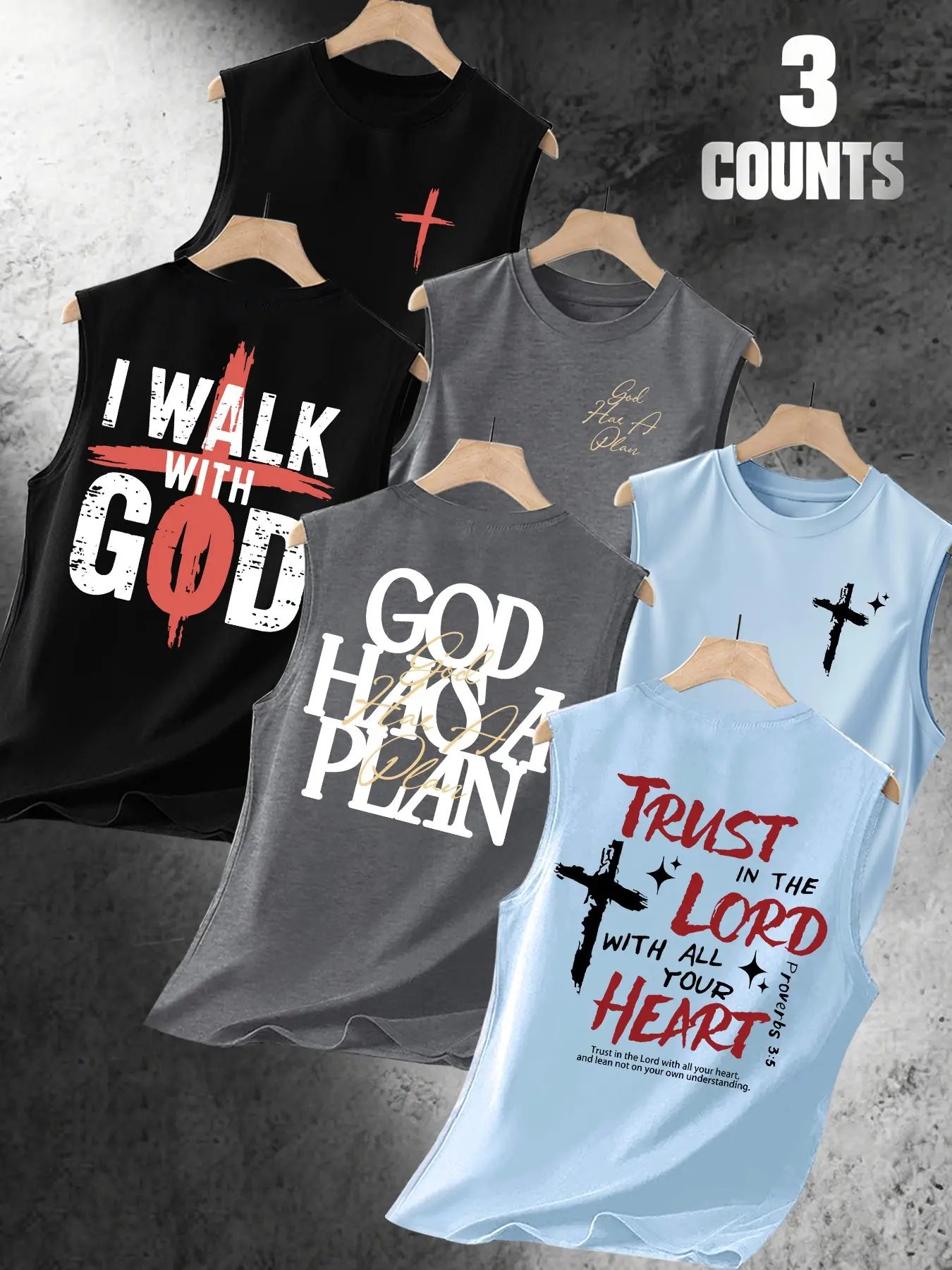 Summer Men's Casual Sleeveless Vest, Cross Faith Bible Letter Print, Outdoor Sports Wear, Beach Tank, 3 Pieces Set#3PackTankTops #FaithApparel #ChristianPrintTank #GymCasualWear #TikTokFashion #TrendingMens #SpiritualStreetStyle #OOTDMen