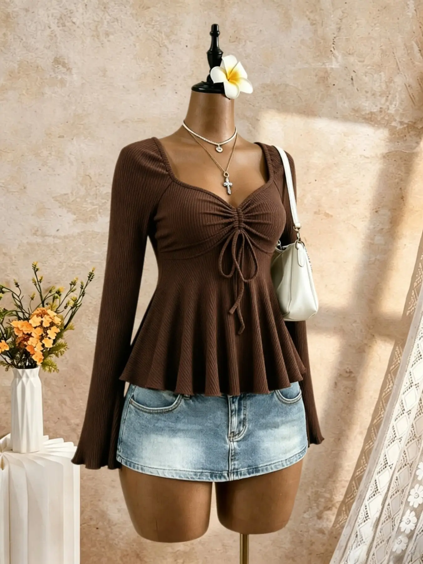 Elegant V-Neck Drawstring Ruched Lace Edge Top, Long Sleeve Slim Fit Casual Daily T-Shirt for Women, Stylish and Comfortable