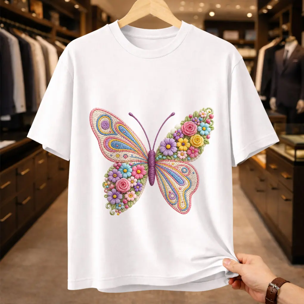 Men's Baggy Vintage Embroidered Butterfly Garden Graphic Cotton T-Shirt, Cottagecore-Inspired Streetwear, Round Neck, Breathable, Loose, Wildflowers Men's Short-Sleeve Sunny Day Casual Top, Hem