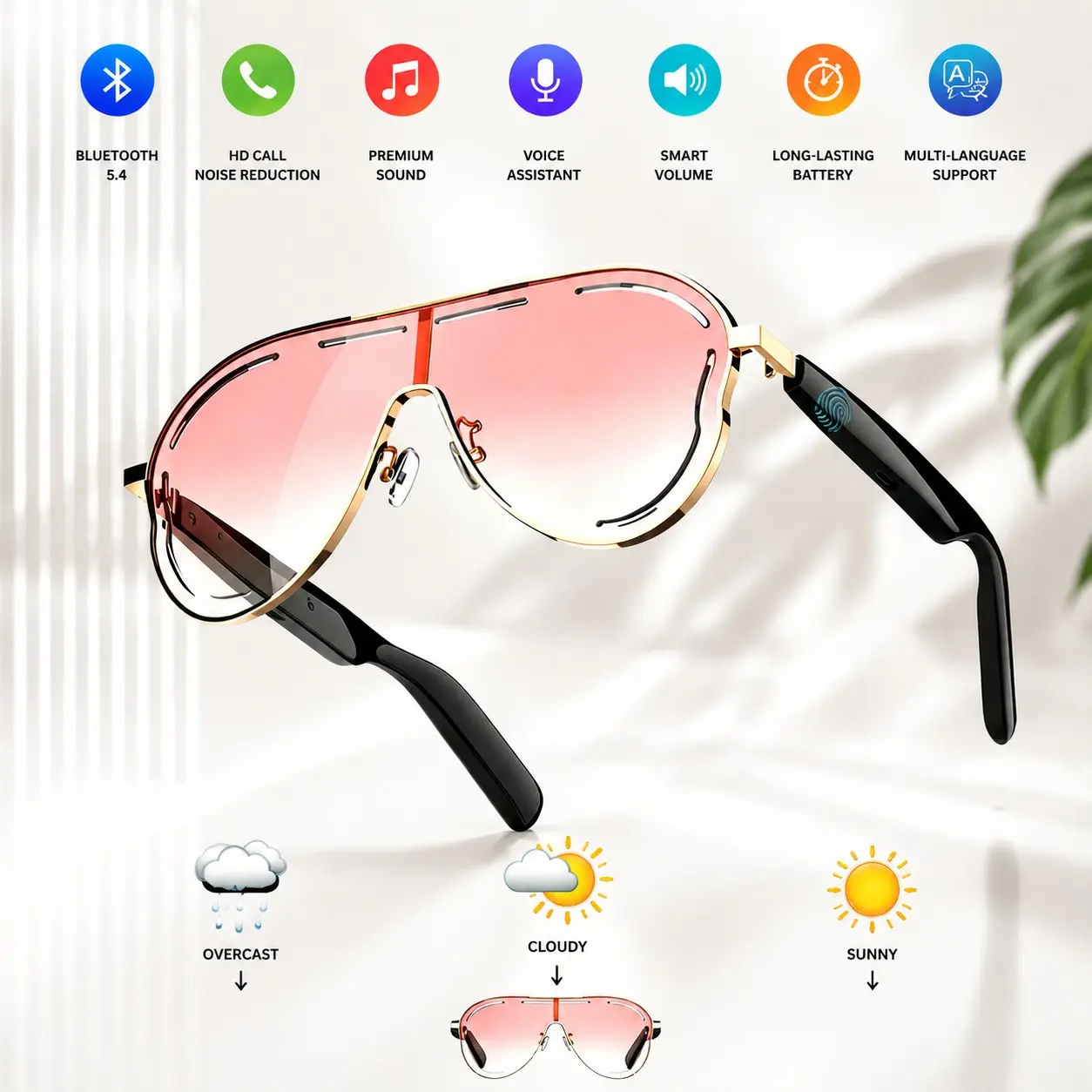 AI Smart Audio Sunglasses, Bluetooth-compatible Multi-Language Translation, Open-Ear Speakers with Auto Wear Detection, UV-Protection Sweat-Proof Lenses, for Travel, Navigation, Meetings & Business, Multifunctional Audio Sunglasses