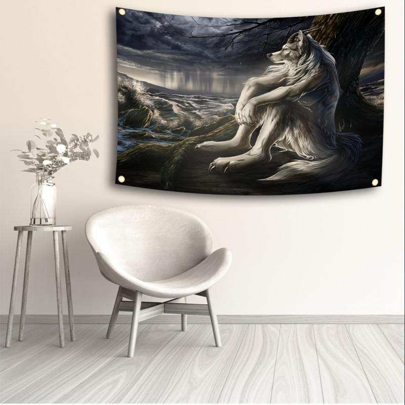 Wolf Pattern Flag, 1/6/12pcs Creative Cool Animal Design Backdrop, Decorative Banner for Home, Dormitory, Bedroom, Living Room