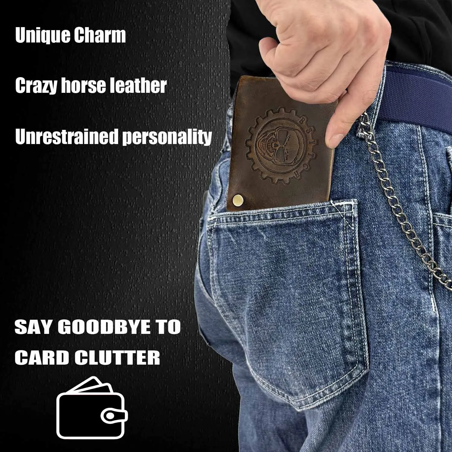 Skull Trucker Biker Motorcycle Real Leather Card Holder Wallet With Chain