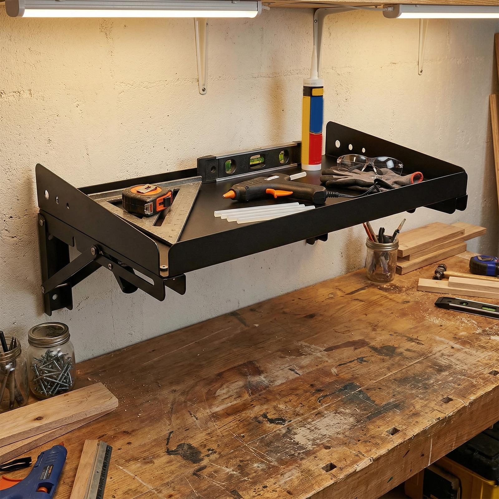 2 Pack Wall Mounted Folding Storage Rack Shelves Heavy Duty Adjustable Rail Shelf with Lip for Garage Kitchen Laundry Room Workshop