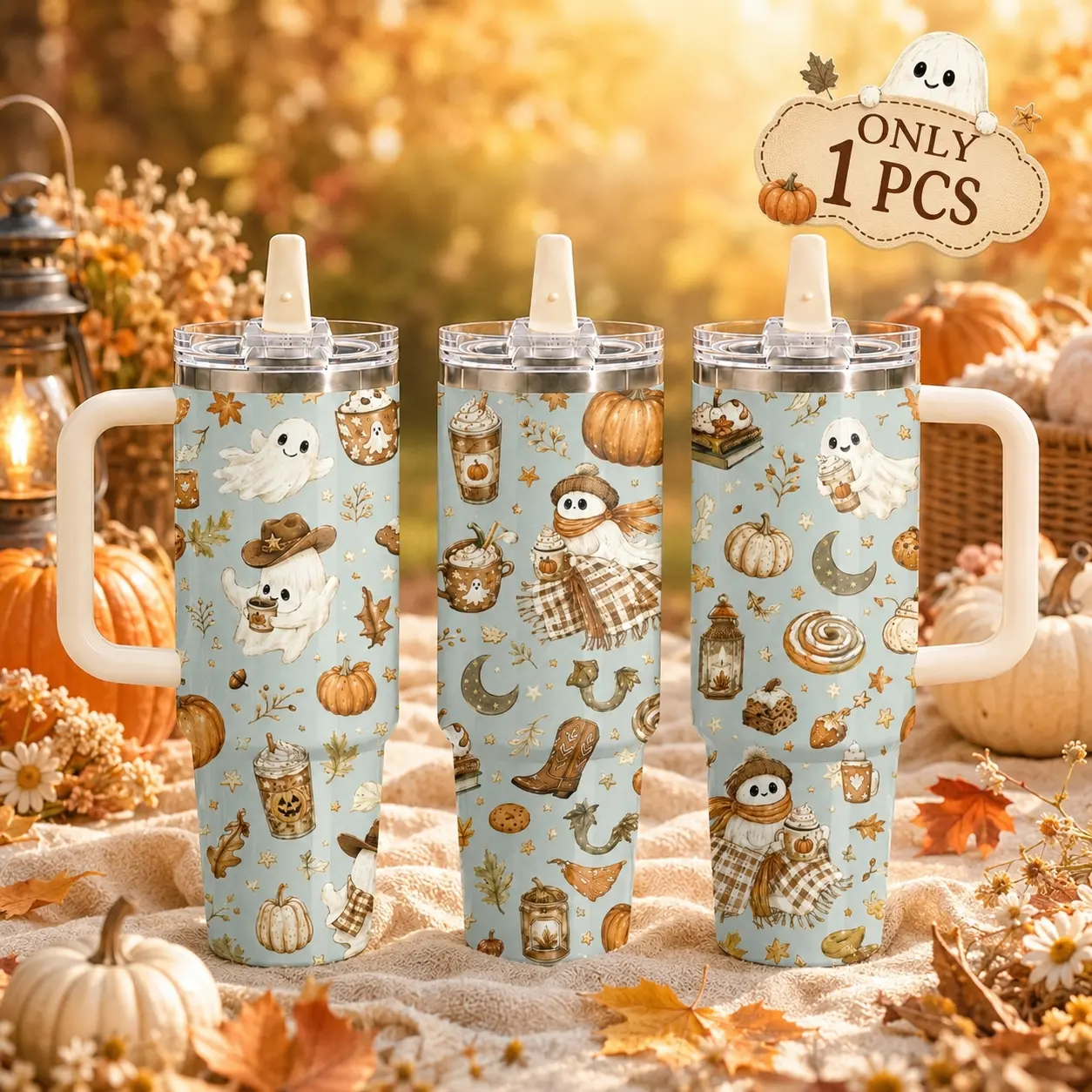 Cute Halloween Ghost Pumpkin Spice Tumbler 40oz, Cozy Fall Design Water Bottle with Straw & Handle, Vacuum Insulated Travel Cup