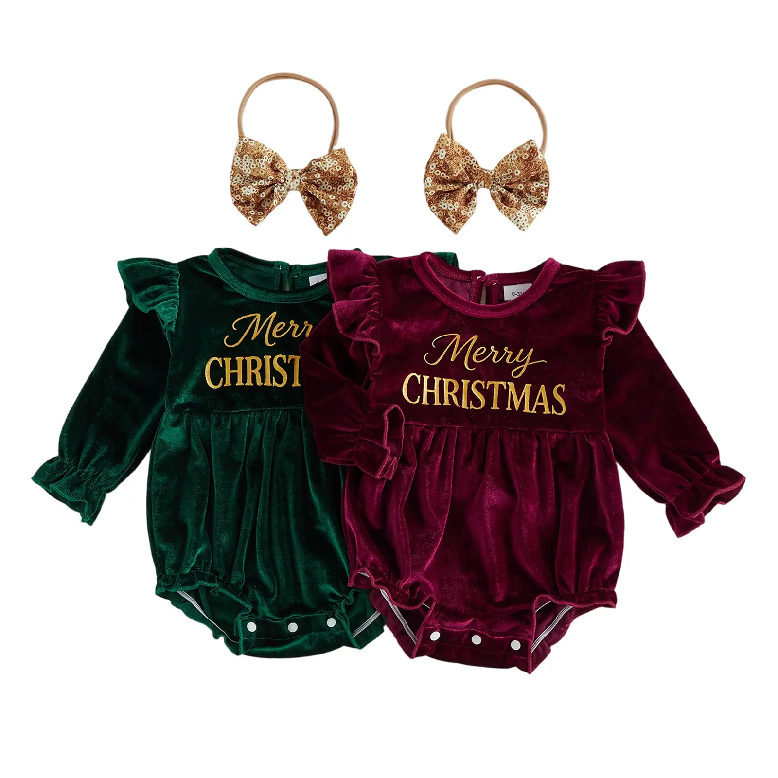 Infant Baby Girl Christmas Outfit Letter Print Long Sleeve Romper and Sequined Bow Headband Fall Winter Set 0-18 Months