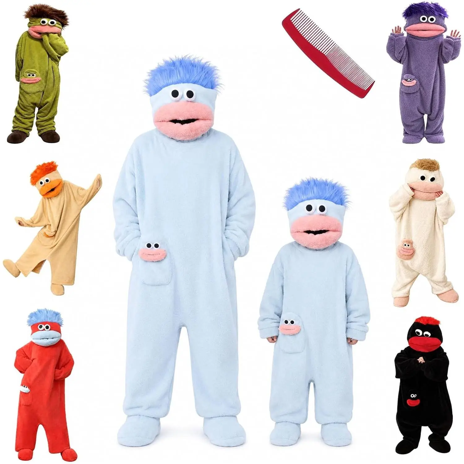 Funny Big Mouth Monster Adult Onesie with Large Comb Prop, Silly Puppet Cosplay One Piece Pajamas, Oversized Fleece Sleepwear for Parent & Little One