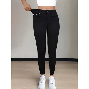 GILIPUR CY038 Full-Length Black High-Waist Skinny Jeans - Stretchy Fabric, Button Decor, Five Pockets, Long Style, Solid Color, Weekend Casual Streetwear - Ideal for Fall and Winter, Casual Wear Jeans|Stylish Highwaist Jeans|Stretchy Fabric Jeans