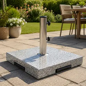 ARCH Granite Patio Umbrella Base 72 lb Heavy Duty Square Stand for Outdoor Table, Natural Grey Stainless Steel Holder, Fits 35-48mm Pole, 17.75x17.75x15.25 in, Garden Backyard Shade Support, Natural+Grey Color Options, Granite/Stainless Steel