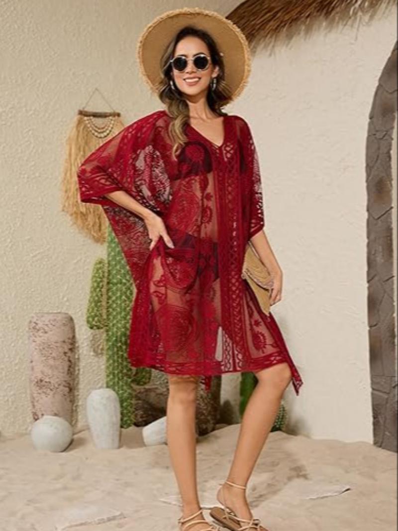 Women's Ethnic Pattern Hollow Out Lace Cover Up, Casual V Neck Long Sleeve Cover Up for Beach Holiday Vacation, Ladies Swimwear for All Seasons, Swimsuit Cover Ups
