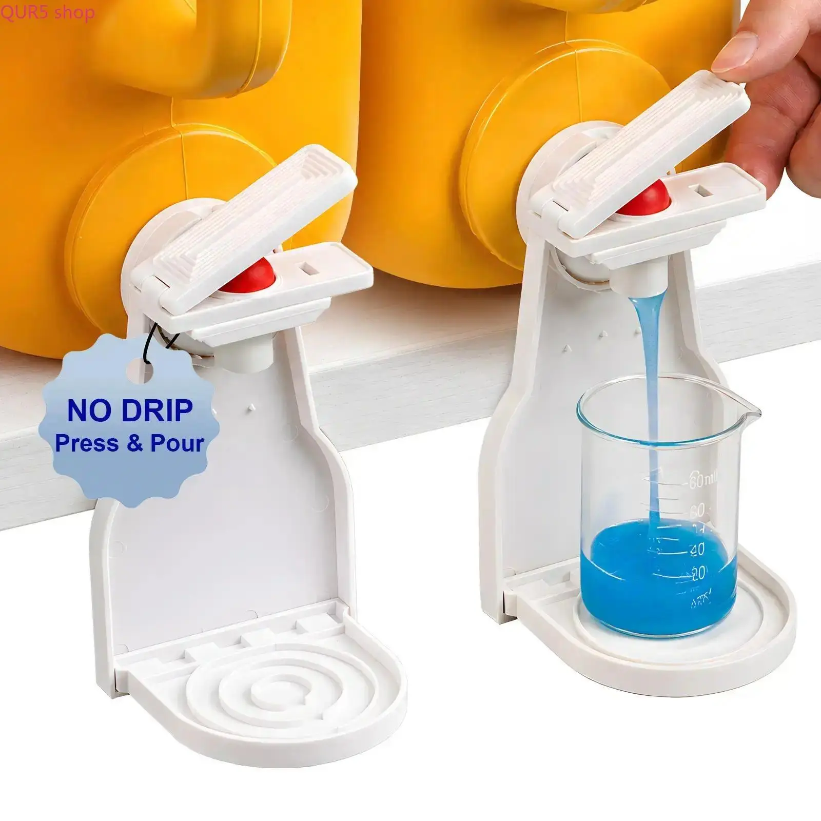 Compact Laundry Detergent Dispenser with Built-In Cup Holder, Sturdy Plastic Organizer Equipped with Drip Tray, Leak-Proof Spout & Simple Press Switch Design, No Mess Smooth Pouring for Laundry Room Storage
