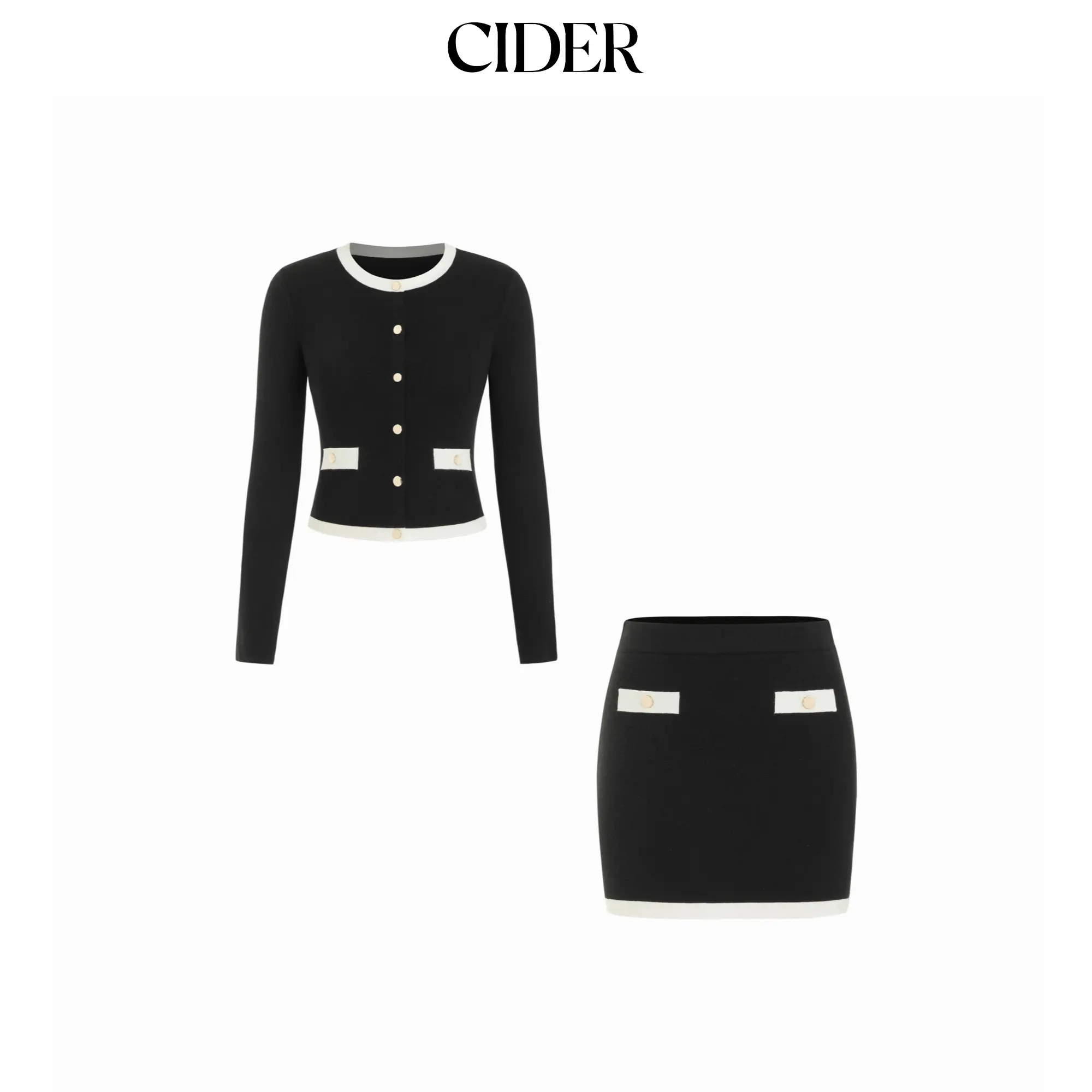 Cider Knit Contrasting Trim Button Front Cardigan & Low Rise Cigarette Skirt Set SohoChic