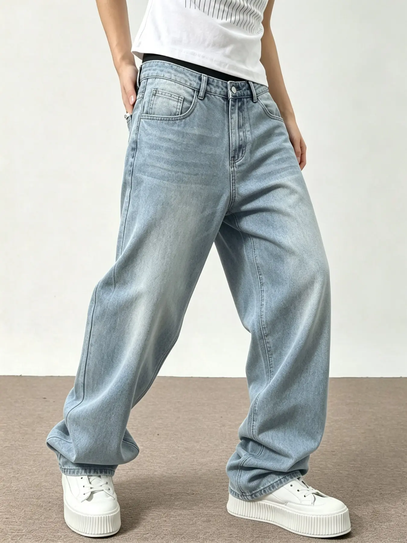 American Vintage Light Blue Washed Wide-Leg Jeans for Men, High-Waisted Loose Draping Straight-Leg Pants, Trendy Denim Casual Trousers