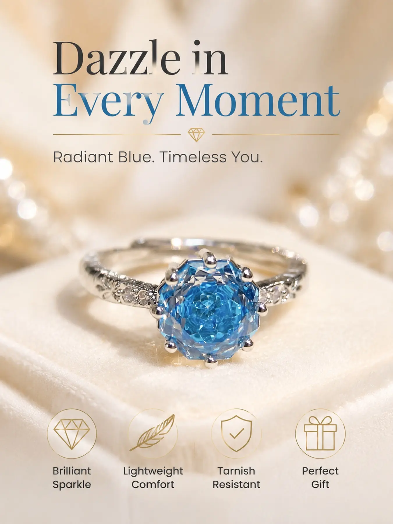 Blue Rose Crystal Ring for Women, Sparkly Floral Statement Ring, Elegant Casual Ring, Vintage-Inspired Cocktail Jewelry, Coquette Self-Love Gift for Her