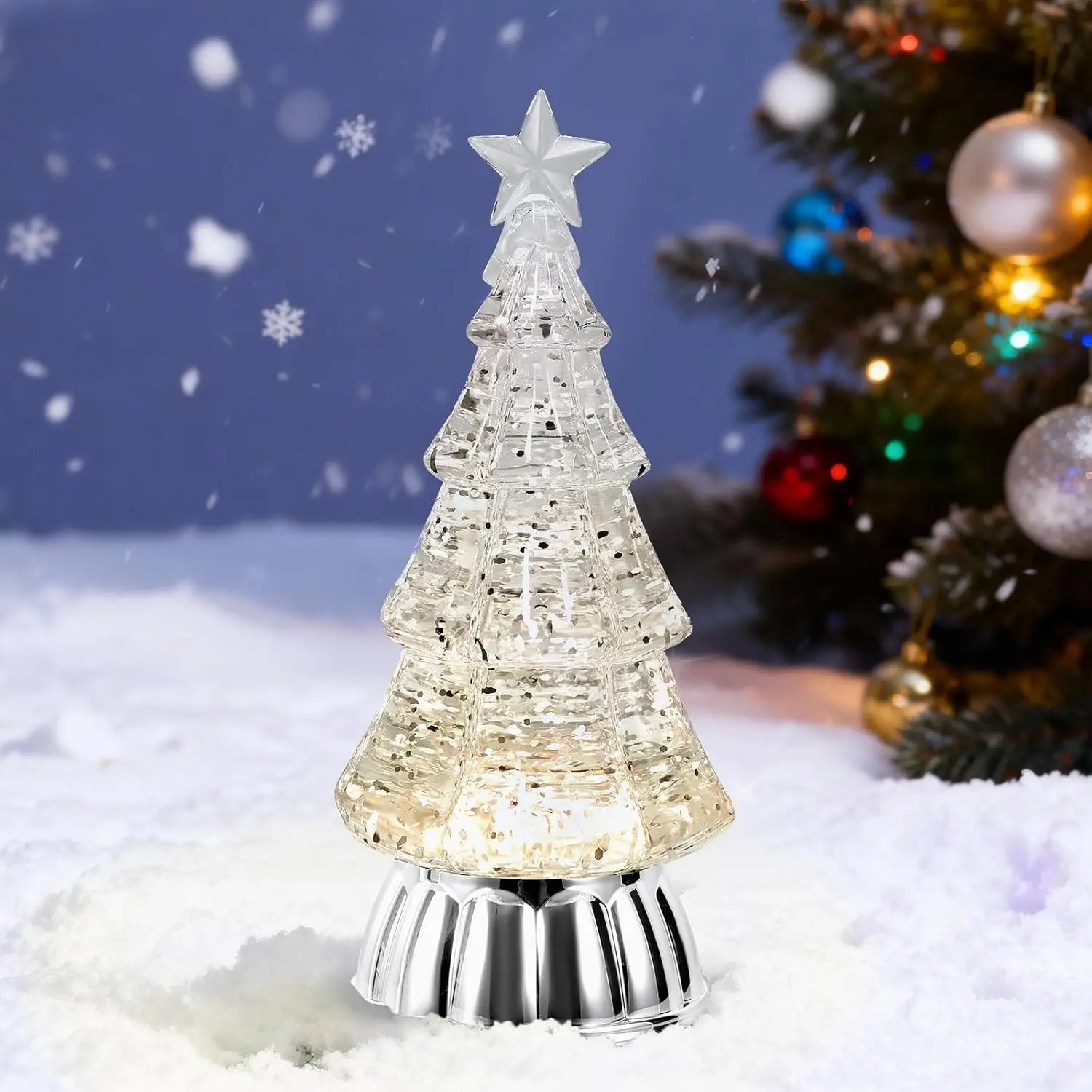 Silver Tree Magic Water Globe Lantern with Warm Light, 6H Timer, USB & Battery Operation for Christmas Decorations, Gifts