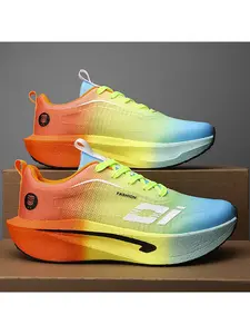 Men's Mesh Running Shoes, Shock Absorption Sporty Sneakers, Lightweight Anti-Slip Racing Footwear, All-Season Textile Upper, Rubber Sole, Trendy Running Shoes