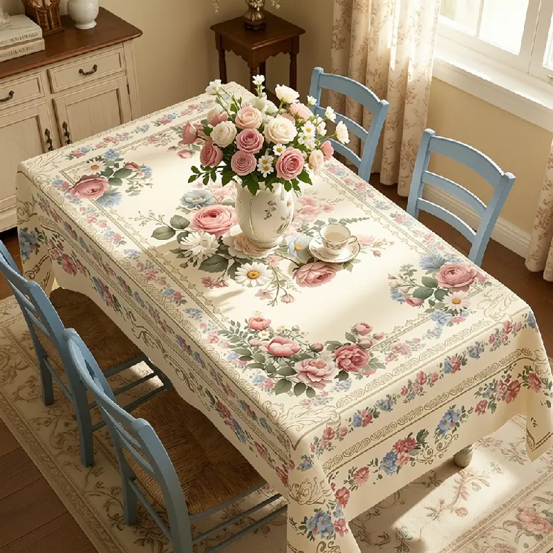 Vintage Rose Tablecloth, Cream and Pink, Featuring Floral Bouquets and Ornamental Borders, Round, Rectangular and Oval Shapes for Dining Rooms, Parties and Outdoor Gatherings, polyester, washable, clearance sale