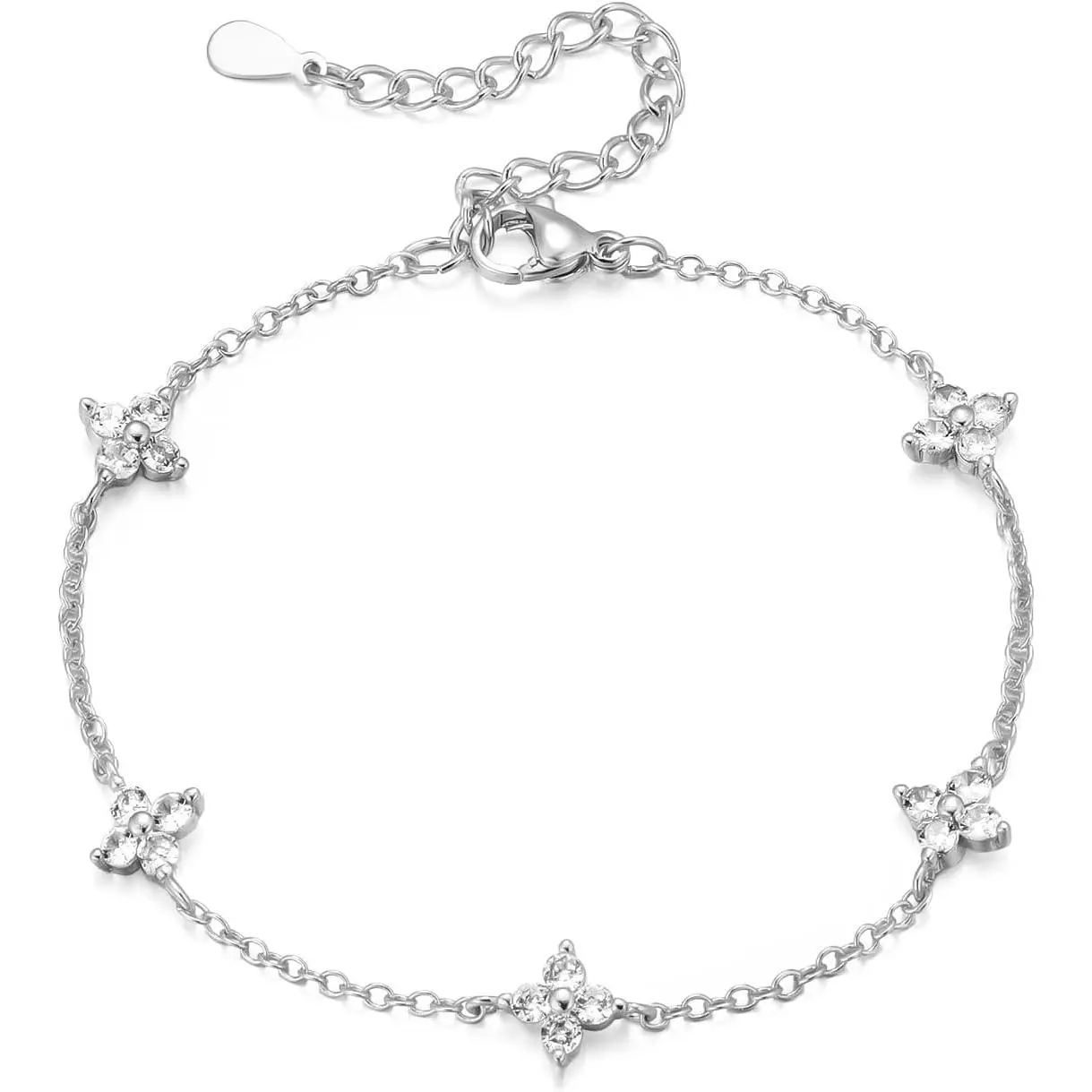 Women Dainty Four Leaf Clover   Bracelet   | Copper Four-leaf Clover  Bracelet with Cubic Zirconia Non Tarnish, Adjustable Lobster Clasp Hand Chain,
