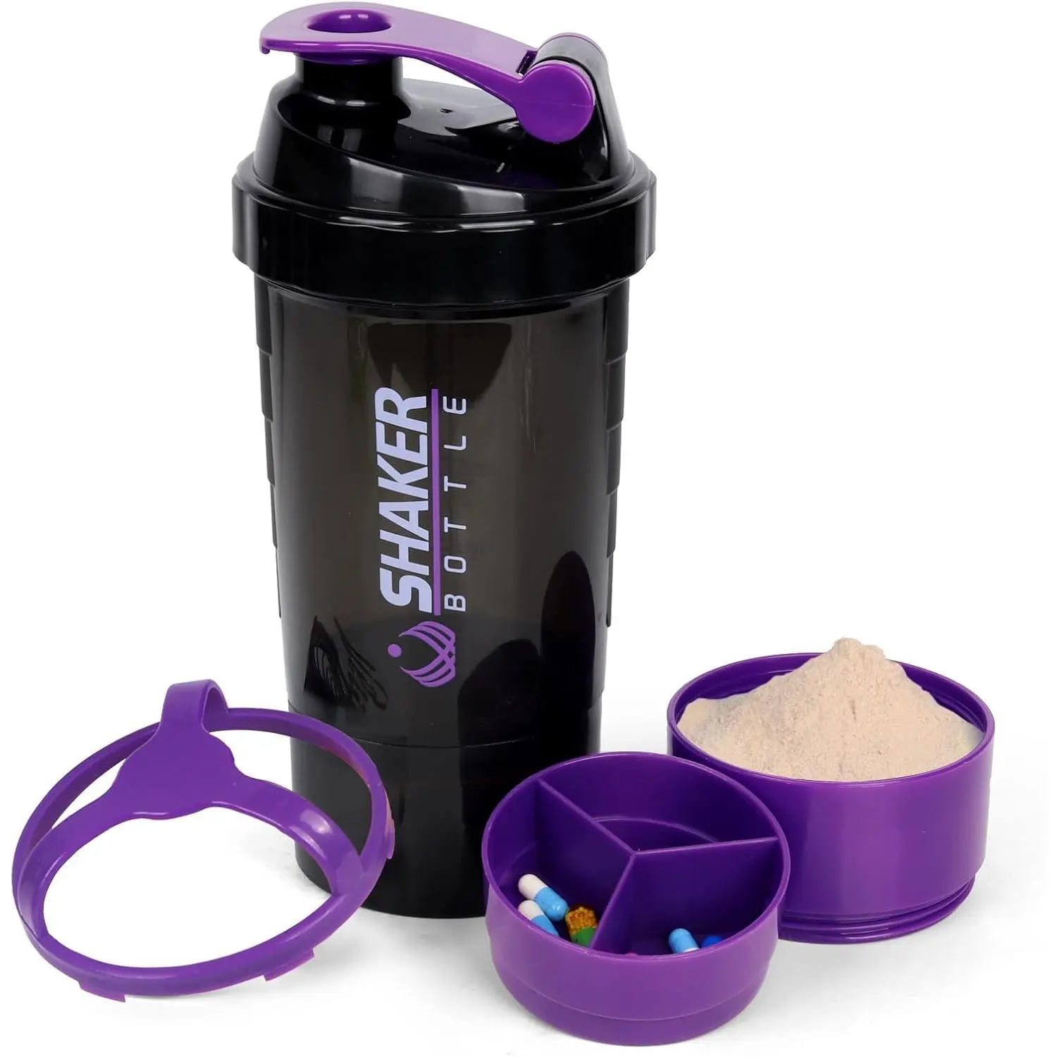 Protein Bottles with Storage and Mix Ball, 16OZ Sports Water with Pill Organizer,Leak Proof Portable Bottles for Protein Mixes and Pre Work Out,BPA Free(purple)