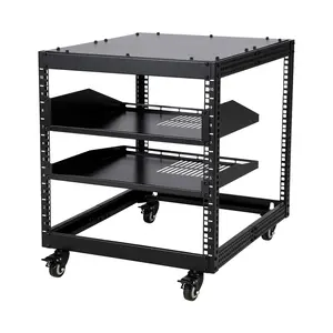 10U Open Frame Server Rack, Adjustable Depth, 2 Shelves, Lockable Casters, Floor or Wall Mount