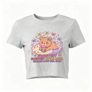 Women’s Sweetest Little Angel Bear Macaron Crop Top, Pastel Kawaii Bow Cartoon Graphic Tee, Casual Top for Coffee Dates Bakery Outings and Trendy Soft Girl Sweet Summer Outfits