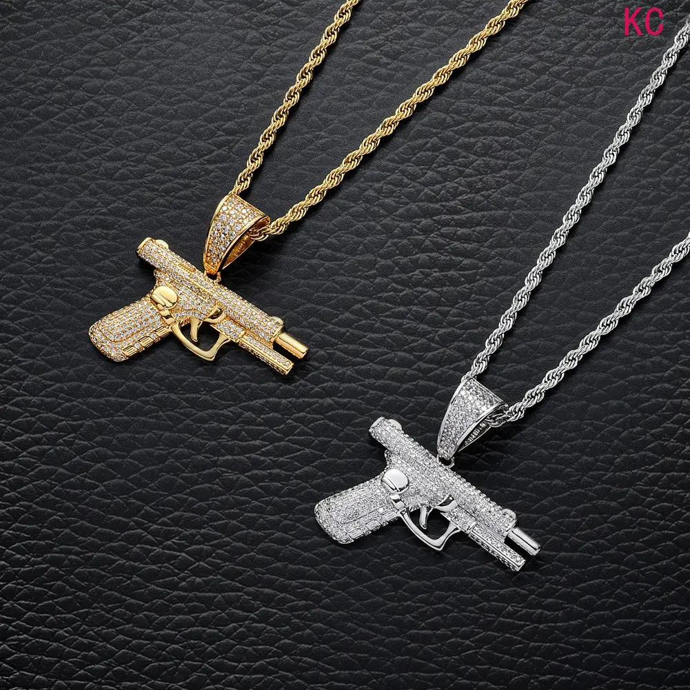 Zircon Studded Pistol Pendant Necklace For Men, Hip Hop Creative Statement Fashion Clavicle Chain For Daily Styling