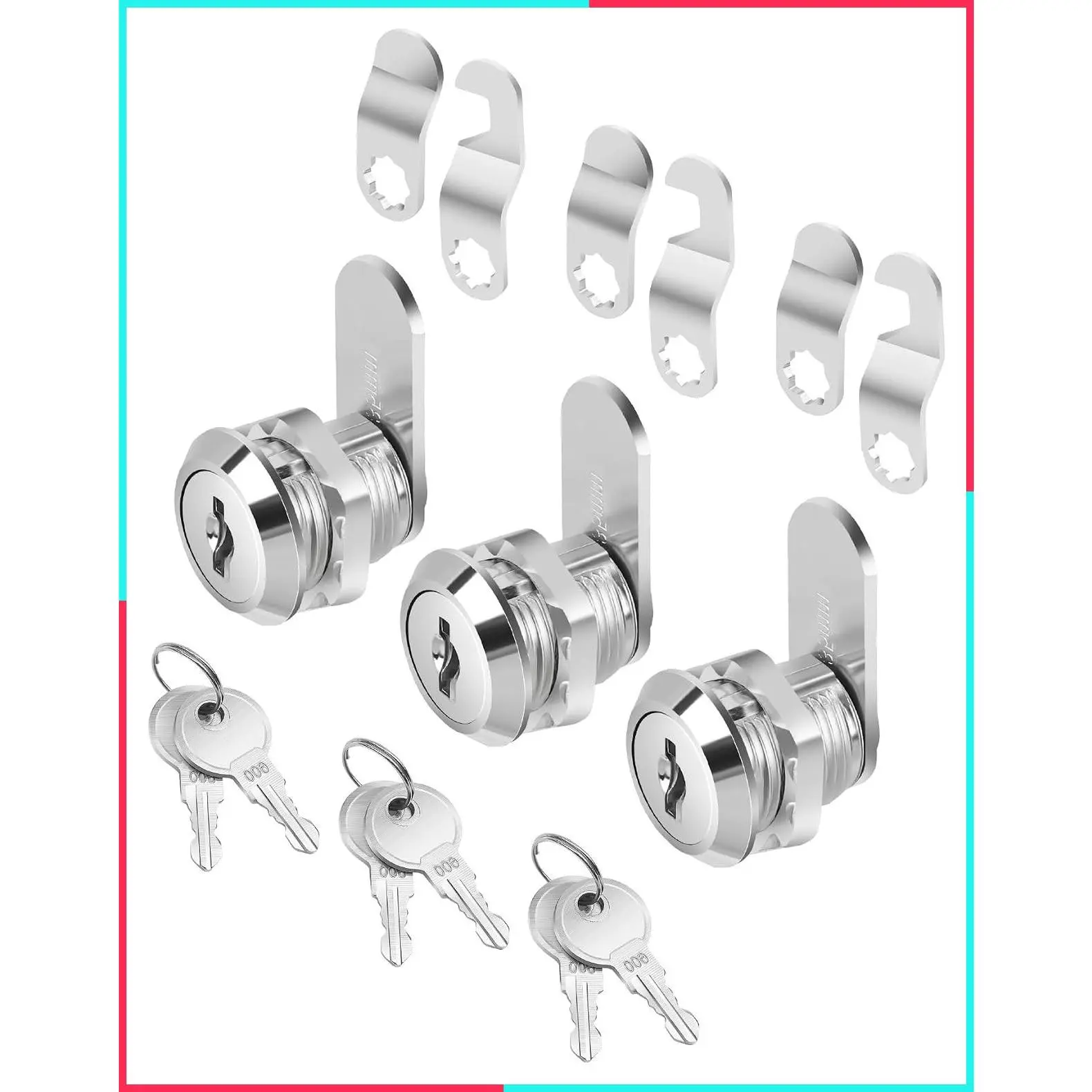 Cabinet Cam Locks with Keys, 5/8" Long, 3 Pack, Keyed Alike, File Cabinet Lock, Silver