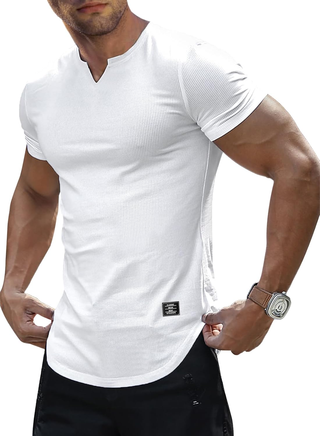Mens Muscle Slim T Shirts Texture V Neck Longline Henley Gym Workout Athletic Tee Shirt
