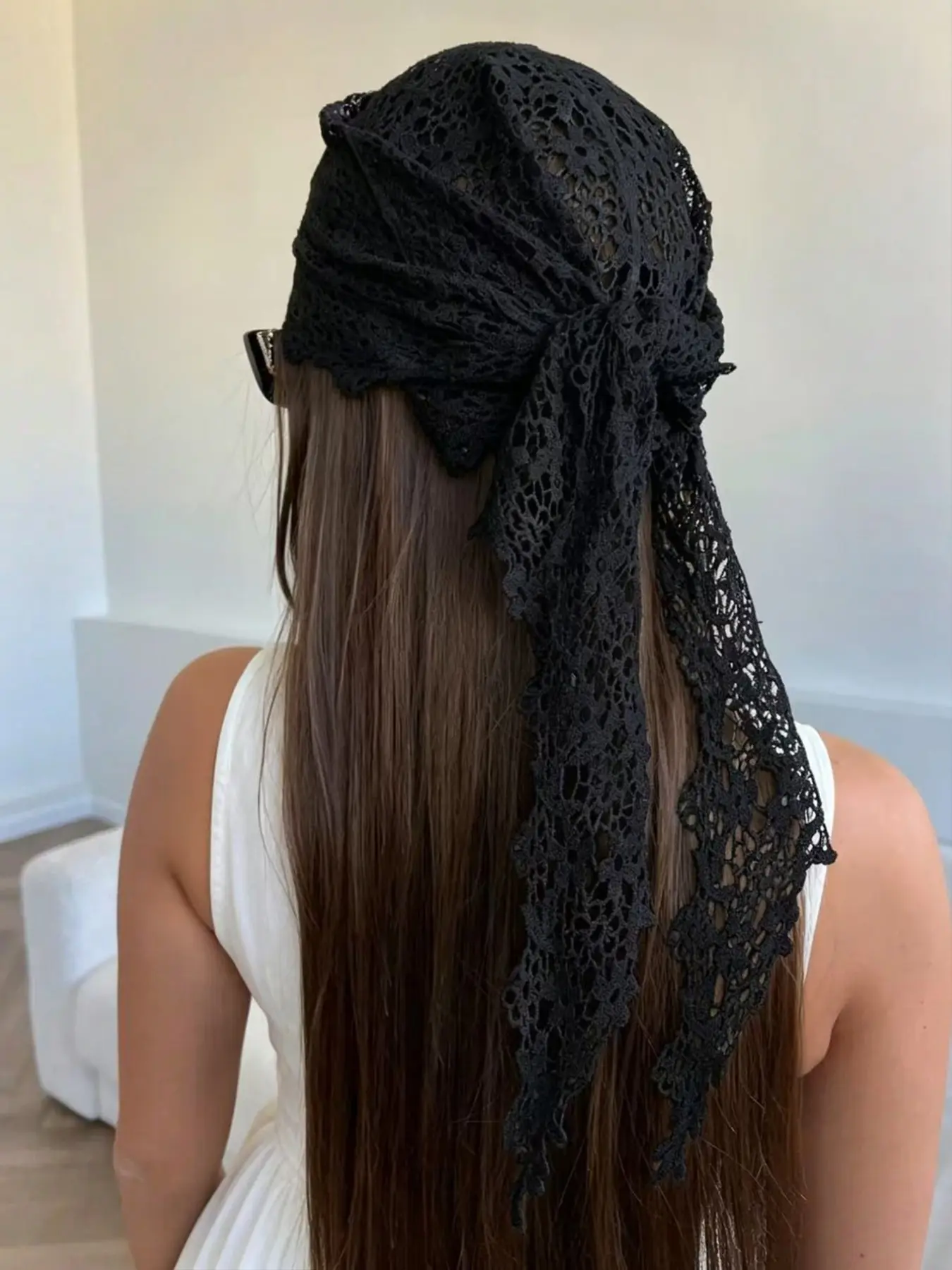 Lace Crochet Headscarf, Hollow Floral Knitted, Breathable Sun Protection, Bohemian Style, Beach & Daily Wear, Summer Hair Accessory