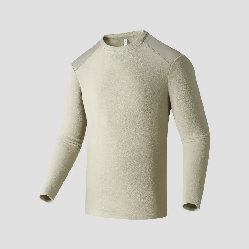 Crew neck fleece long sleeve shirt, raglan shoulder contrast panel design, soft warm polar fleece fabric, slim regular fit, seamless cuff stitching, lightweight thermal base layer for outdoor hiking and daily autumn winter layered outfits